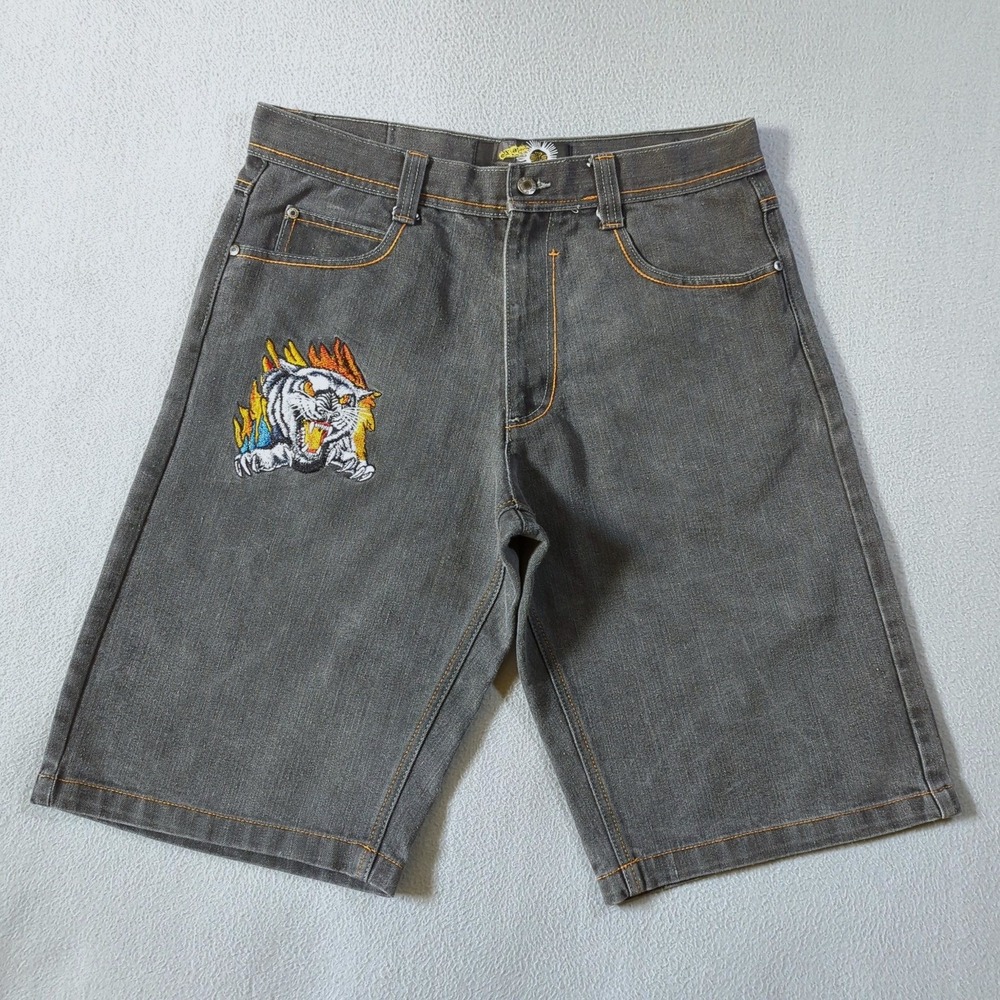 Exa Unlimited Denim Shorts Mens 36 Gray Vintage Tiger Embroidered Baggy Y2K - Picture 2 of 9